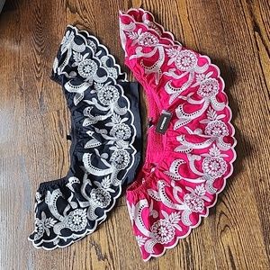 Set of 2, Express Crop Top Ruffled and Embroidered, Hot Pink Red and Black